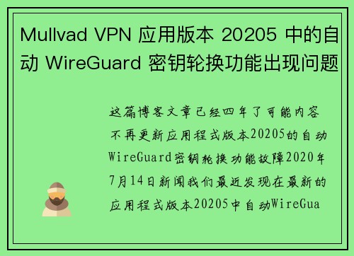 Mullvad VPN 应用版本 20205 中的自动 WireGuard 密钥轮换功能出现问题。